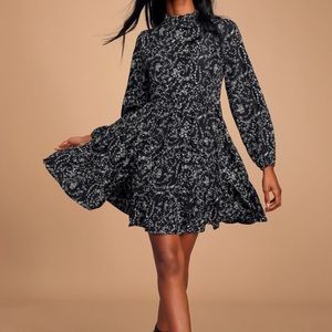Black Floral Long Sleeve Babydoll Dress LULUS